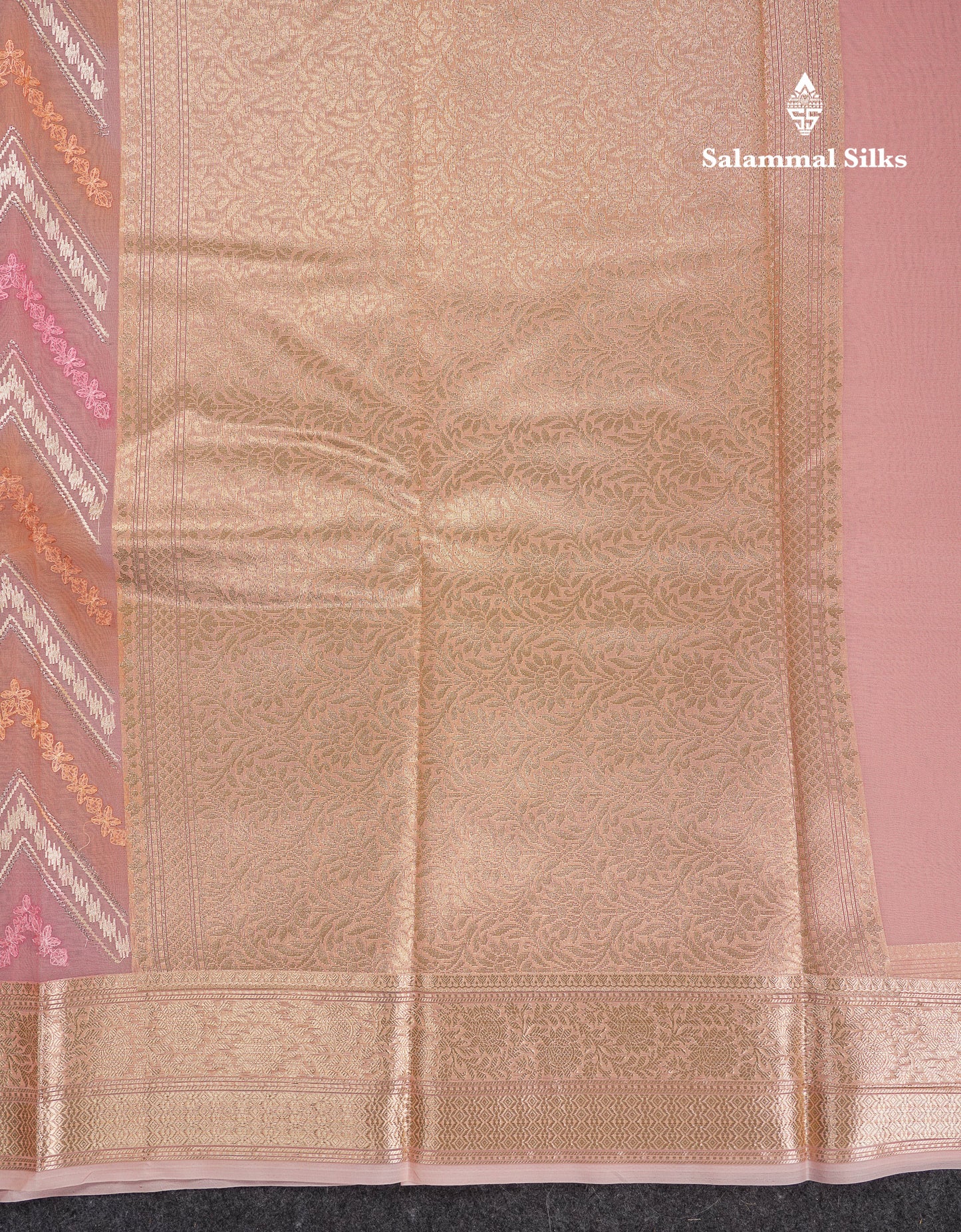 Beautiful Dark Peach Zig-Zag Thread Work Semi Organza Fancy Saree With Traditional Border