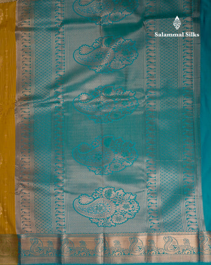 Beautiful Yellow Semi Silk Saree With Contrast Sapphire Green Blouse