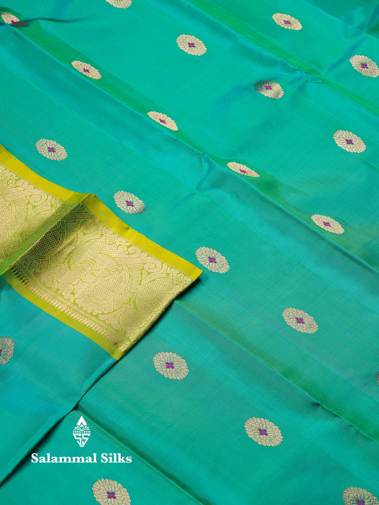 Beautiful Dual Tone Sapphire Green Menakari Work Pure Kanjivaram Silk Saree With Contrast Dual Tone Parrot Green Traditional Border