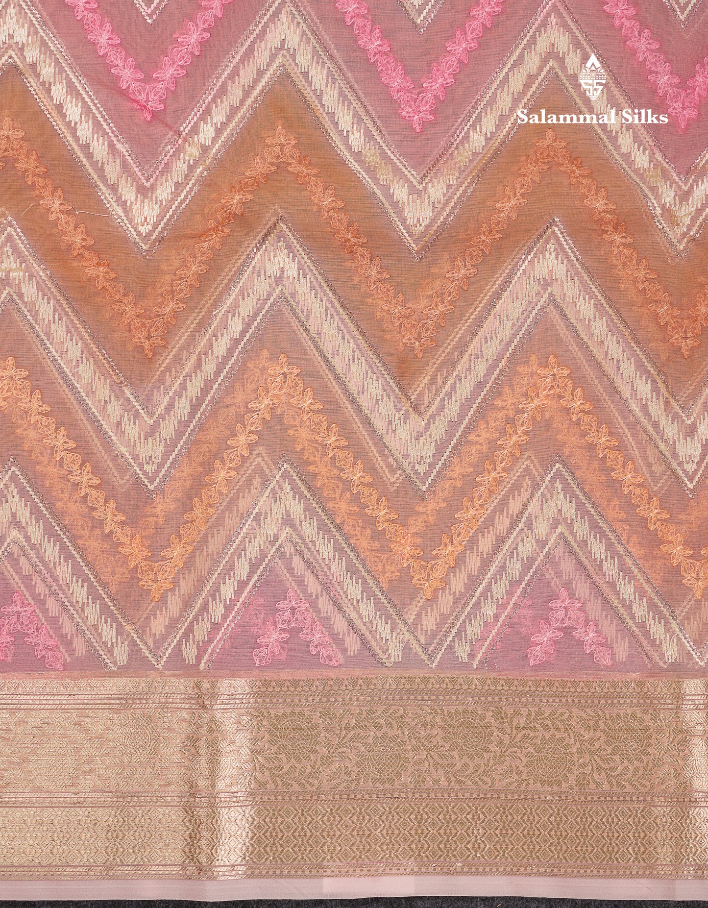 Beautiful Dark Peach Zig-Zag Thread Work Semi Organza Fancy Saree With Traditional Border