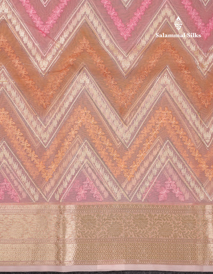 Beautiful Dark Peach Zig-Zag Thread Work Semi Organza Fancy Saree With Traditional Border