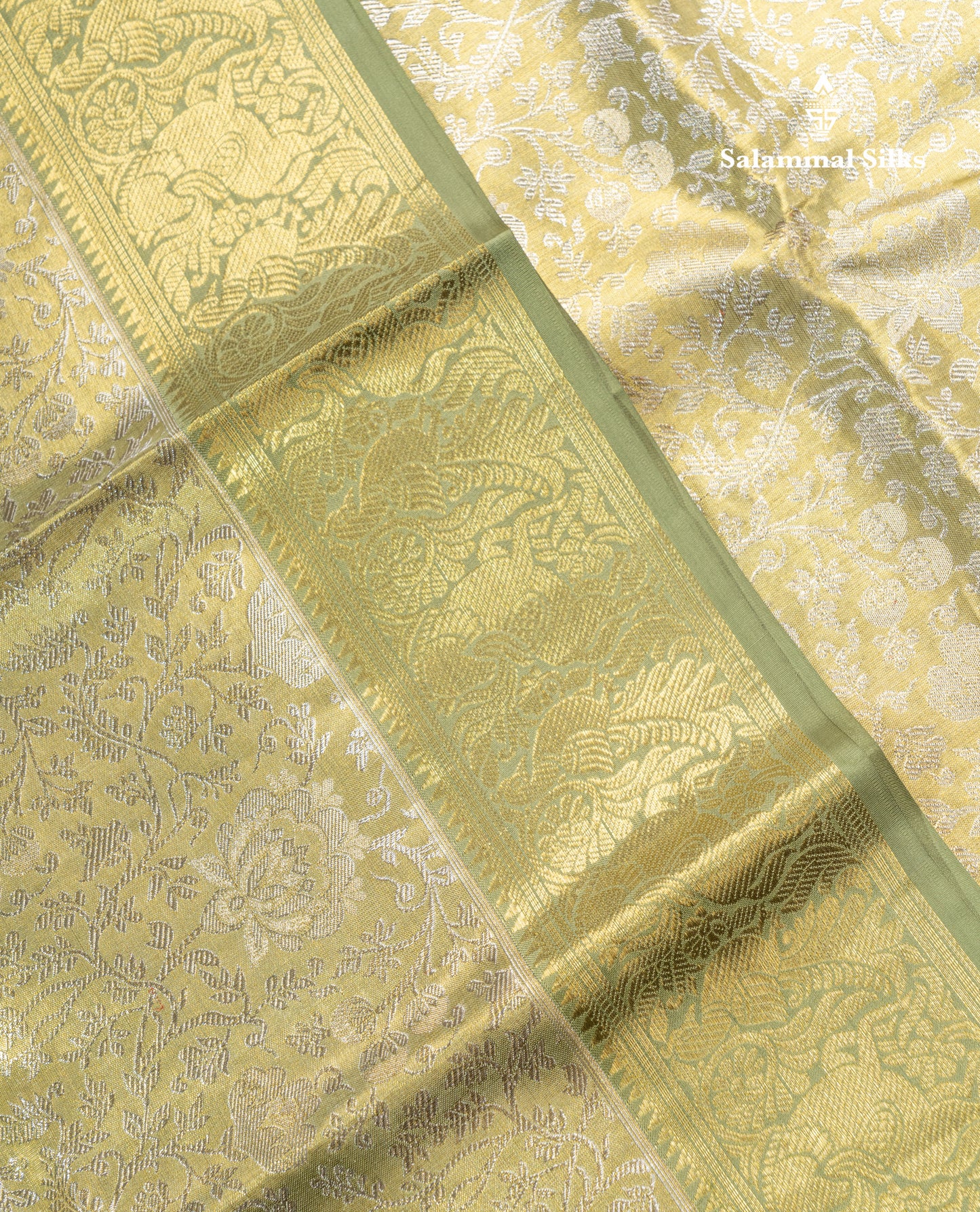 Light Elaichi Green Tissue Bridal Pure Kanjivaram Silk Saree With Contrast Light Green Traditional Evening Morning Border