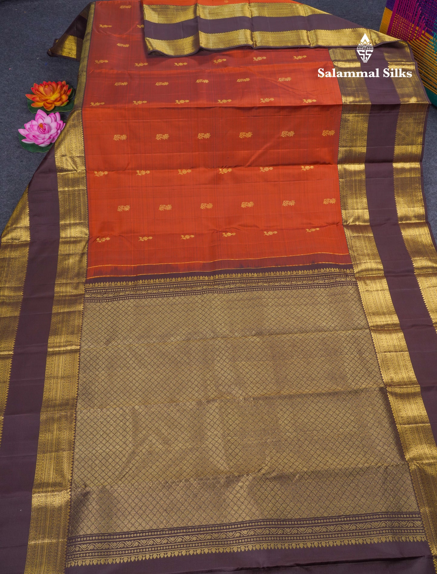 Rust Orange Beautiful Pure Kanjivaram Silk Saree With Dark Brown Double Border