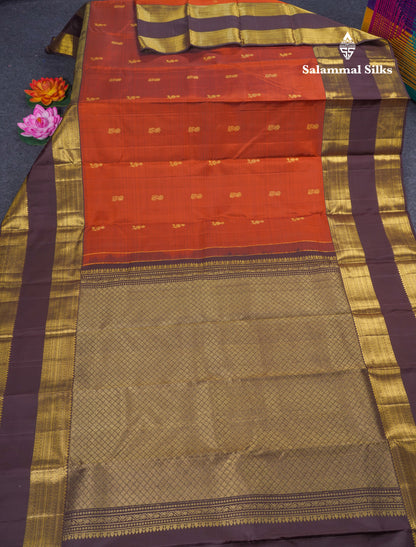 Rust Orange Beautiful Pure Kanjivaram Silk Saree With Dark Brown Double Border