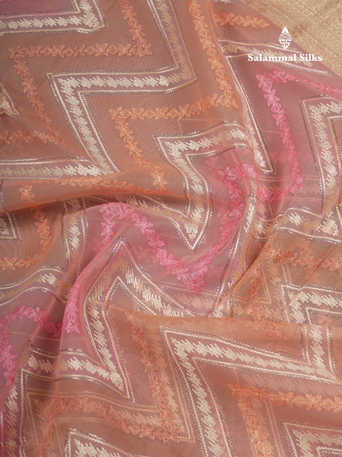 Beautiful Dark Peach Zig-Zag Thread Work Semi Organza Fancy Saree With Traditional Border