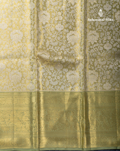 Light Elaichi Green Tissue Bridal Pure Kanjivaram Silk Saree With Contrast Light Green Traditional Evening Morning Border