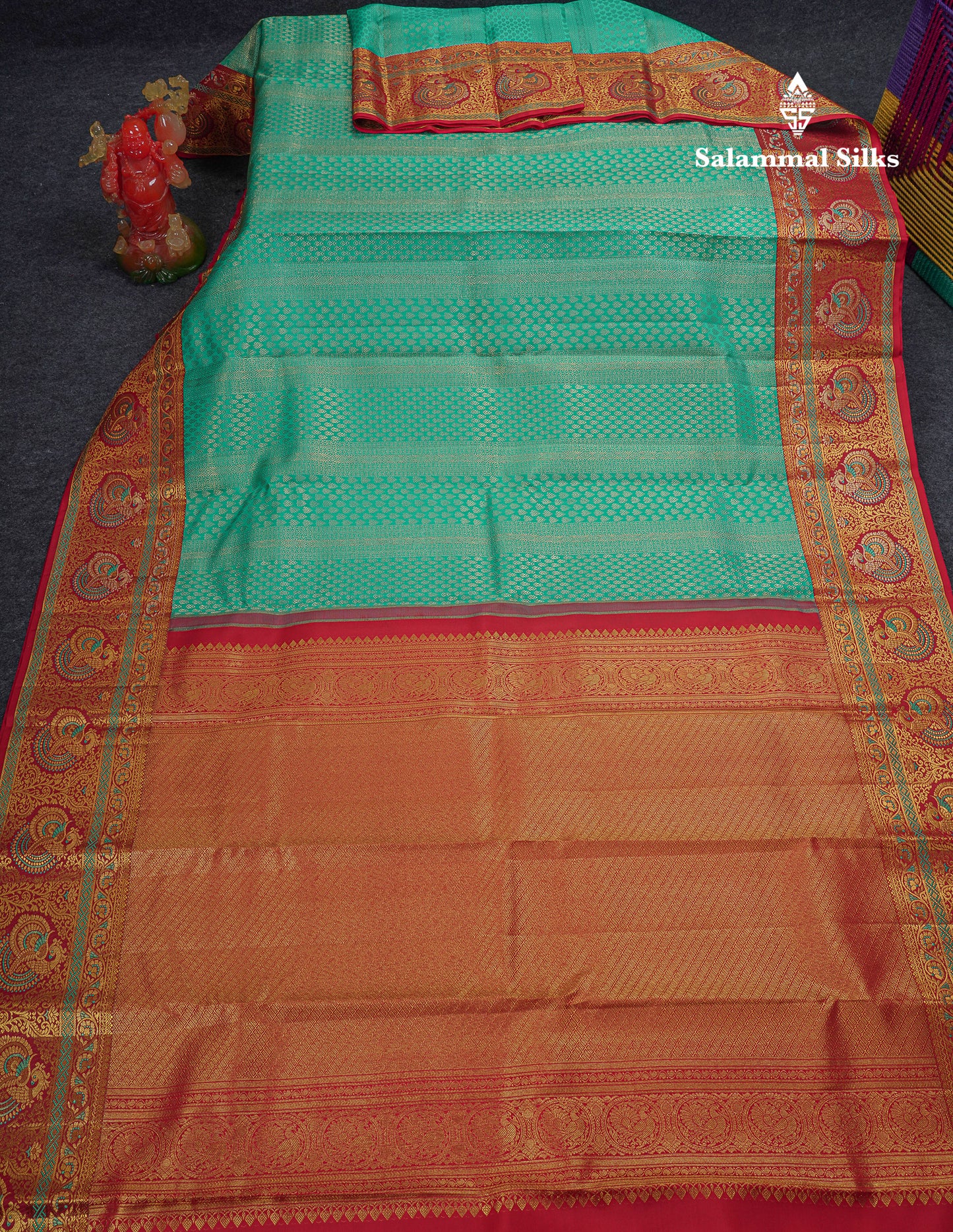 Beautiful Sapphire Green Bridal Pure Kanjivaram Silk Saree With Contrast Reddish Maroon Menakari Work Fancy Border