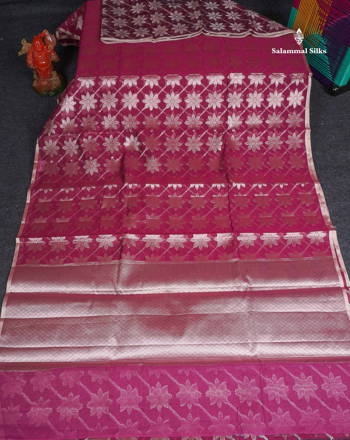 Cotton Mix Saree - Dark Magenta Colour Body Floral Desing With Small Ribbon Border