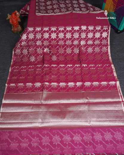 Cotton Mix Saree - Dark Magenta Colour Body Floral Desing With Small Ribbon Border