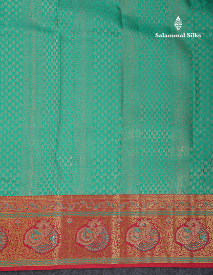 Beautiful Sapphire Green Bridal Pure Kanjivaram Silk Saree With Contrast Reddish Maroon Menakari Work Fancy Border