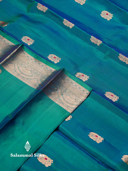Beautiful Dual Tone Peacock Green Menakri Work Pure Kanjivaram Silk Saree With Traditional Evening Morning Border