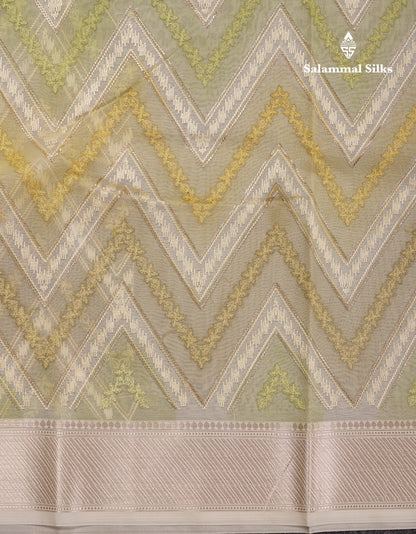 Beautiful Dark Peach Zig-Zag Thread Work Semi Organza Fancy Saree With Traditional Border