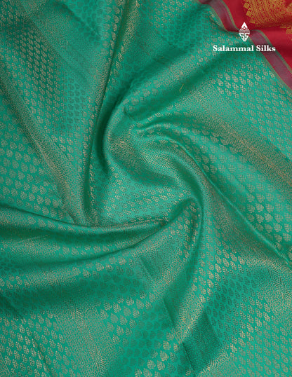 Beautiful Sapphire Green Bridal Pure Kanjivaram Silk Saree With Contrast Reddish Maroon Menakari Work Fancy Border