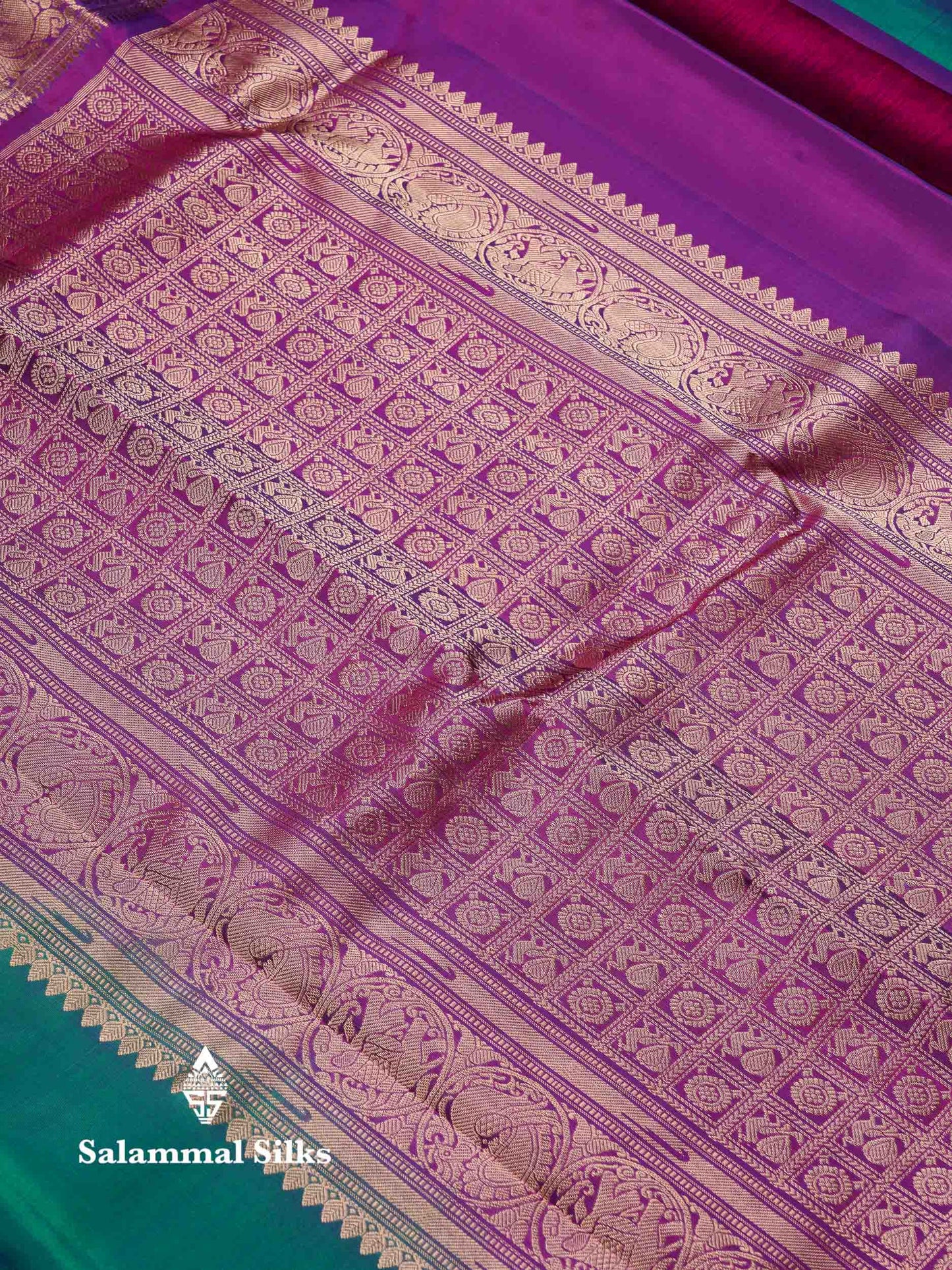 Beautiful Dual Tone Peacock Green Menakari Work Pure Kanjivaram Silk Saree With Contrast Magenta Traditional Border