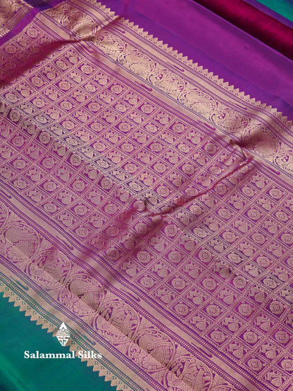 Beautiful Dual Tone Peacock Green Menakari Work Pure Kanjivaram Silk Saree With Contrast Magenta Traditional Border