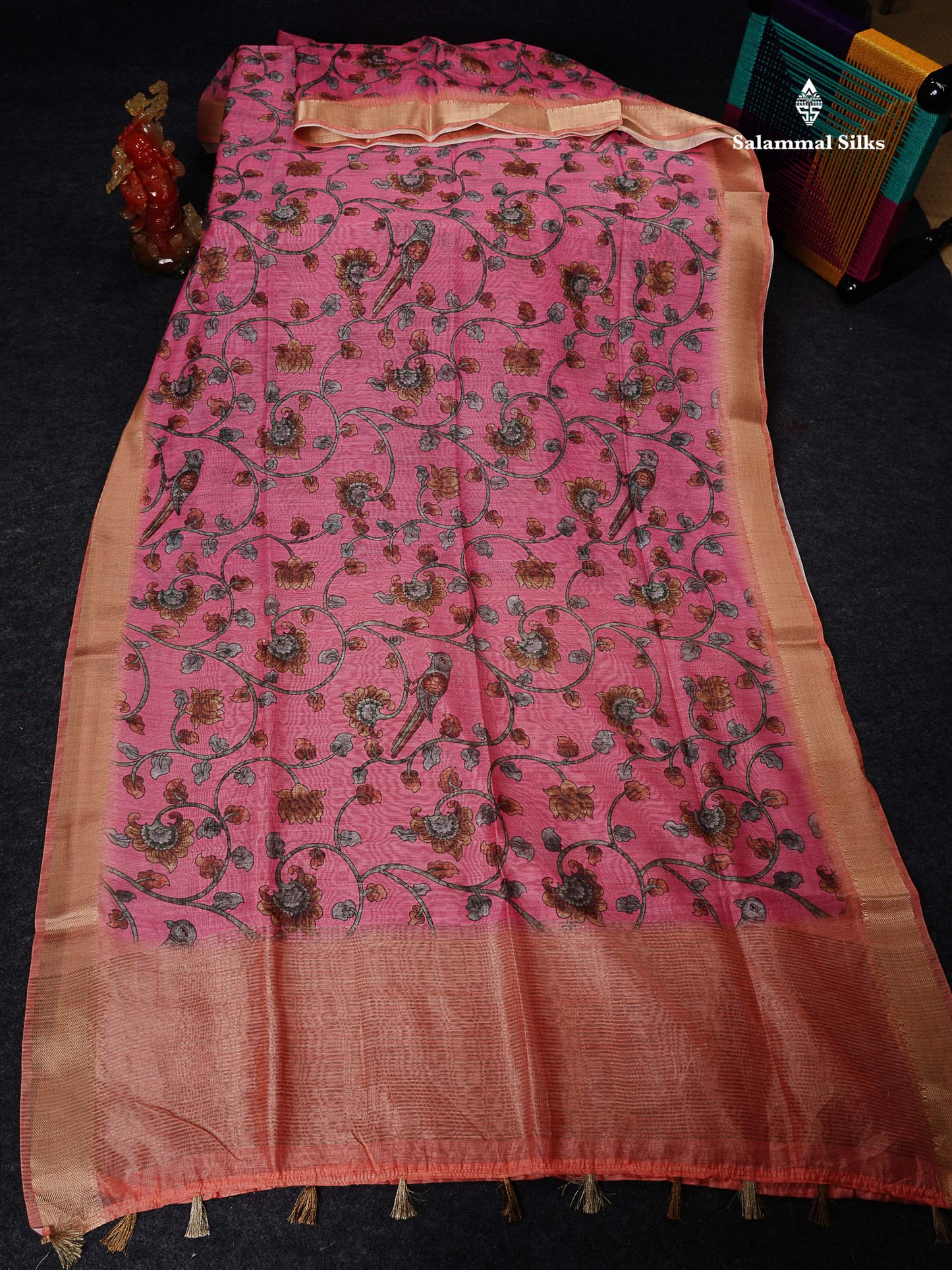 Chanderi Mixed Cotton - Dual Tone Pink Floral Design With Light Orange Fancy Border