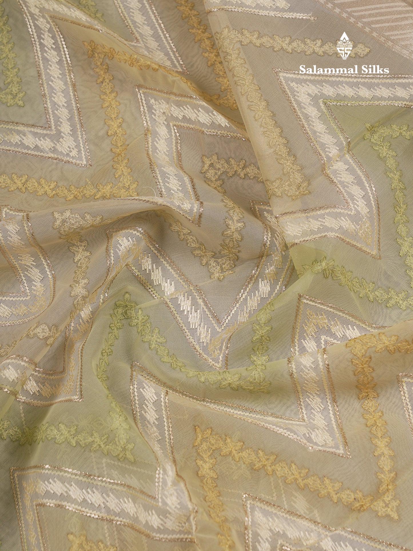 Beautiful Dark Peach Zig-Zag Thread Work Semi Organza Fancy Saree With Traditional Border