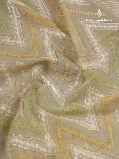 Beautiful Dark Peach Zig-Zag Thread Work Semi Organza Fancy Saree With Traditional Border