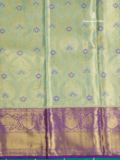 Beautiful Rexona Green Tissue Pure Kanjivaram Silk Saree With Contrast Violet Border