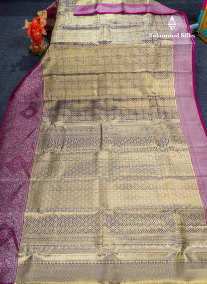Army Green Tissue Fancy Bridal Pure Kanjivaram Silk Saree With Contrast Magenta Traditional Evening Morning Border