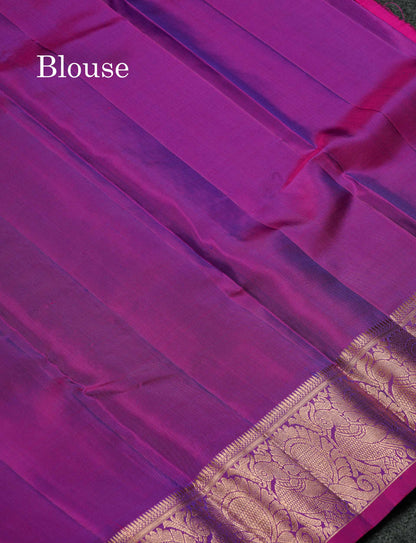 Beautiful Dual Tone Peacock Green Menakari Work Pure Kanjivaram Silk Saree With Contrast Magenta Traditional Border