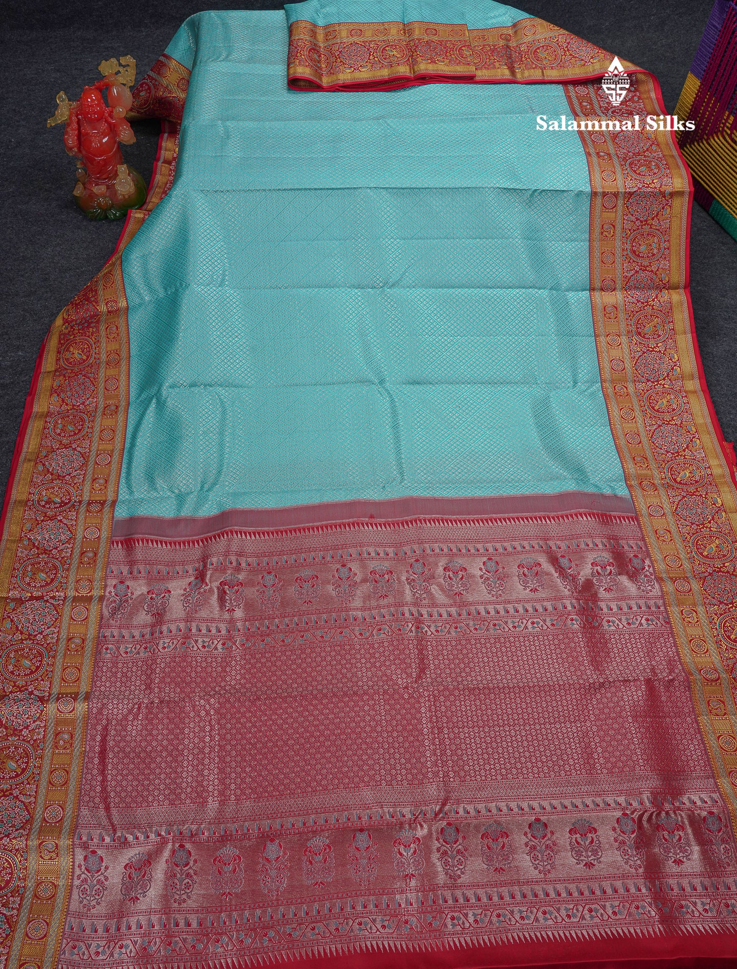 Beautiful Sapphire Blue Bridal Pure Kanjivaram Silk Saree With Contrast Chilly Red Menakari Work Fancy Border