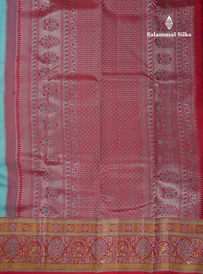 Beautiful Sapphire Blue Bridal Pure Kanjivaram Silk Saree With Contrast Chilly Red Menakari Work Fancy Border