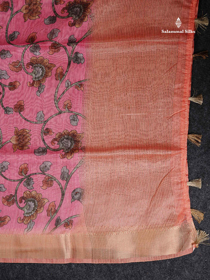 Chanderi Mixed Cotton - Dual Tone Pink Floral Design With Light Orange Fancy Border
