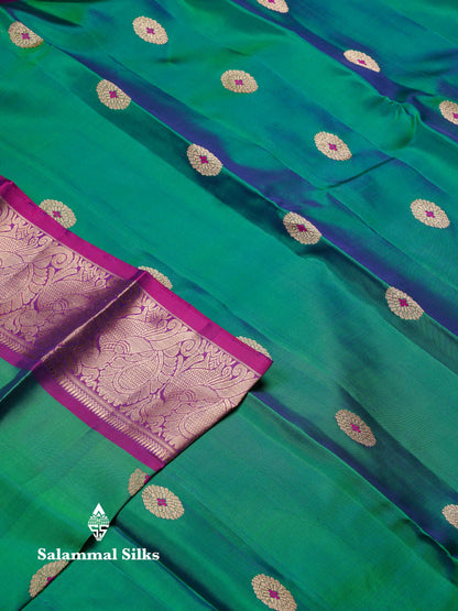 Beautiful Dual Tone Peacock Green Menakari Work Pure Kanjivaram Silk Saree With Contrast Magenta Traditional Border