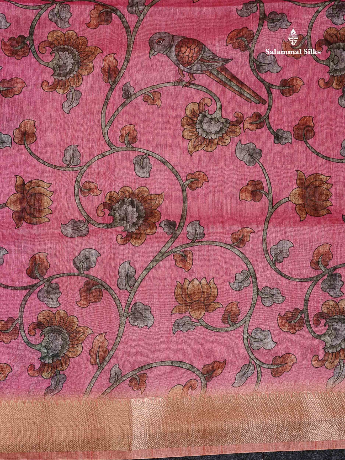 Chanderi Mixed Cotton - Dual Tone Pink Floral Design With Light Orange Fancy Border