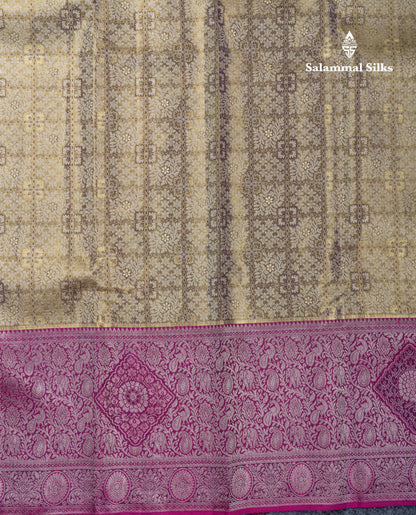 Army Green Tissue Fancy Bridal Pure Kanjivaram Silk Saree With Contrast Magenta Traditional Evening Morning Border