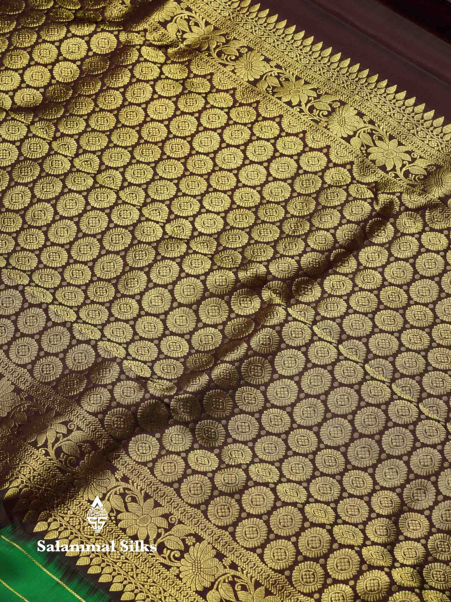 Beautiful Bottle Green Silver & Gold Zari Butta Pure Kanjivaram Silk Saree With Contrast Dark Brown Traditional Evening Morning Border