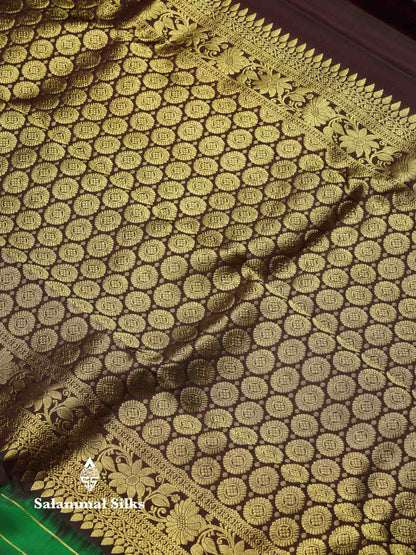 Beautiful Bottle Green Silver & Gold Zari Butta Pure Kanjivaram Silk Saree With Contrast Dark Brown Traditional Evening Morning Border