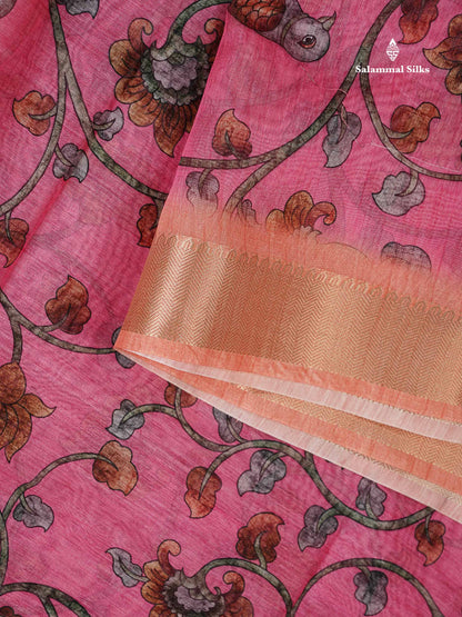 Chanderi Mixed Cotton - Dual Tone Pink Floral Design With Light Orange Fancy Border