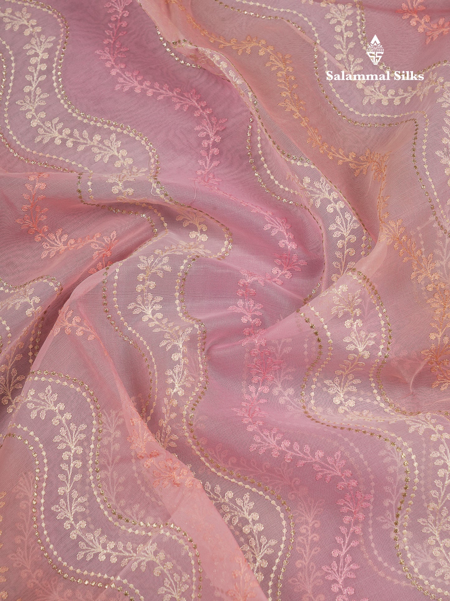 Beautiful Light Rexona Wave Pattern Thread Work Semi Organza Fancy Saree With Traditional Border