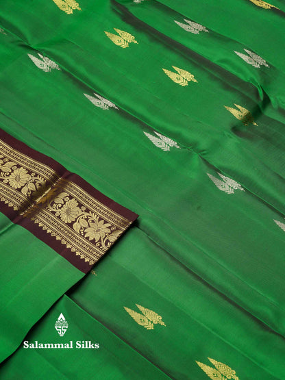 Beautiful Bottle Green Silver & Gold Zari Butta Pure Kanjivaram Silk Saree With Contrast Dark Brown Traditional Evening Morning Border