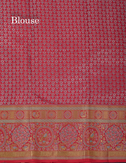 Beautiful Sapphire Blue Bridal Pure Kanjivaram Silk Saree With Contrast Chilly Red Menakari Work Fancy Border