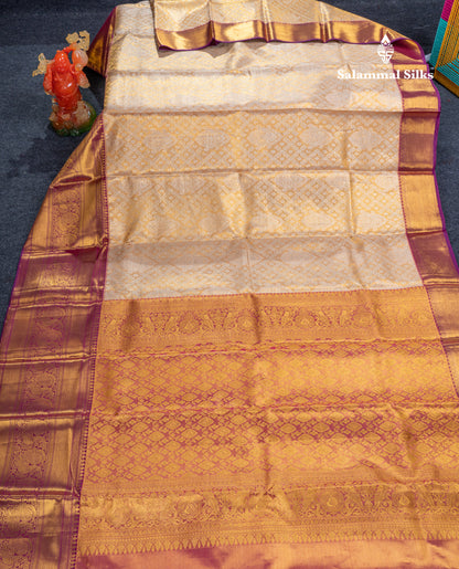 Dark Sandal Tissue Bridal Pure Kanjivaram Silk Saree With Contrast Dark Purple Evening Morning Traditional Border