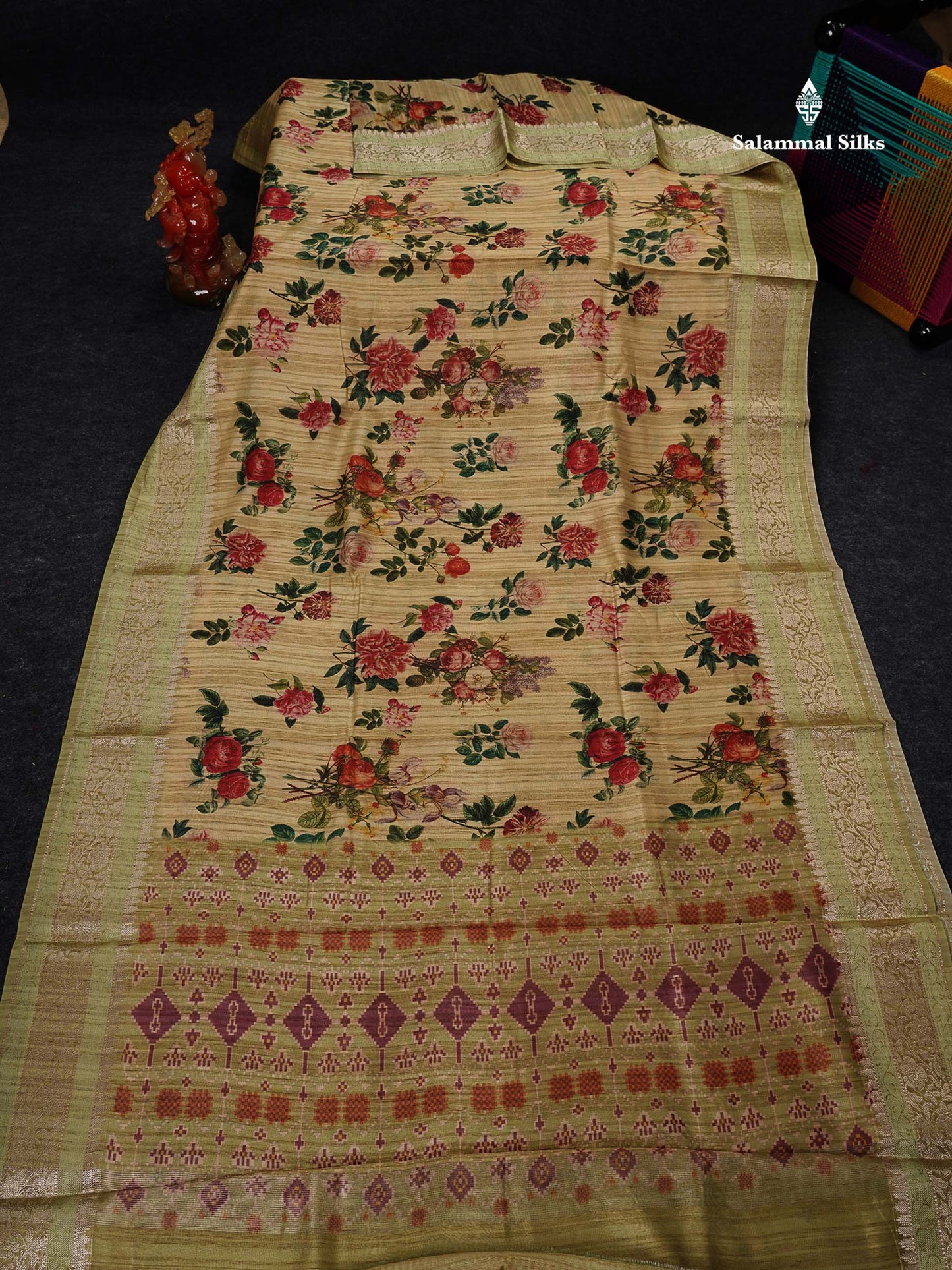Semi Tussar Saree -  Mehandi Green Floral Design With Fancy Border