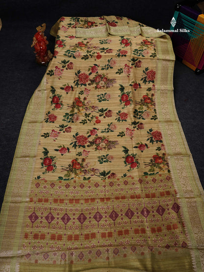 Semi Tussar Saree -  Mehandi Green Floral Design With Fancy Border