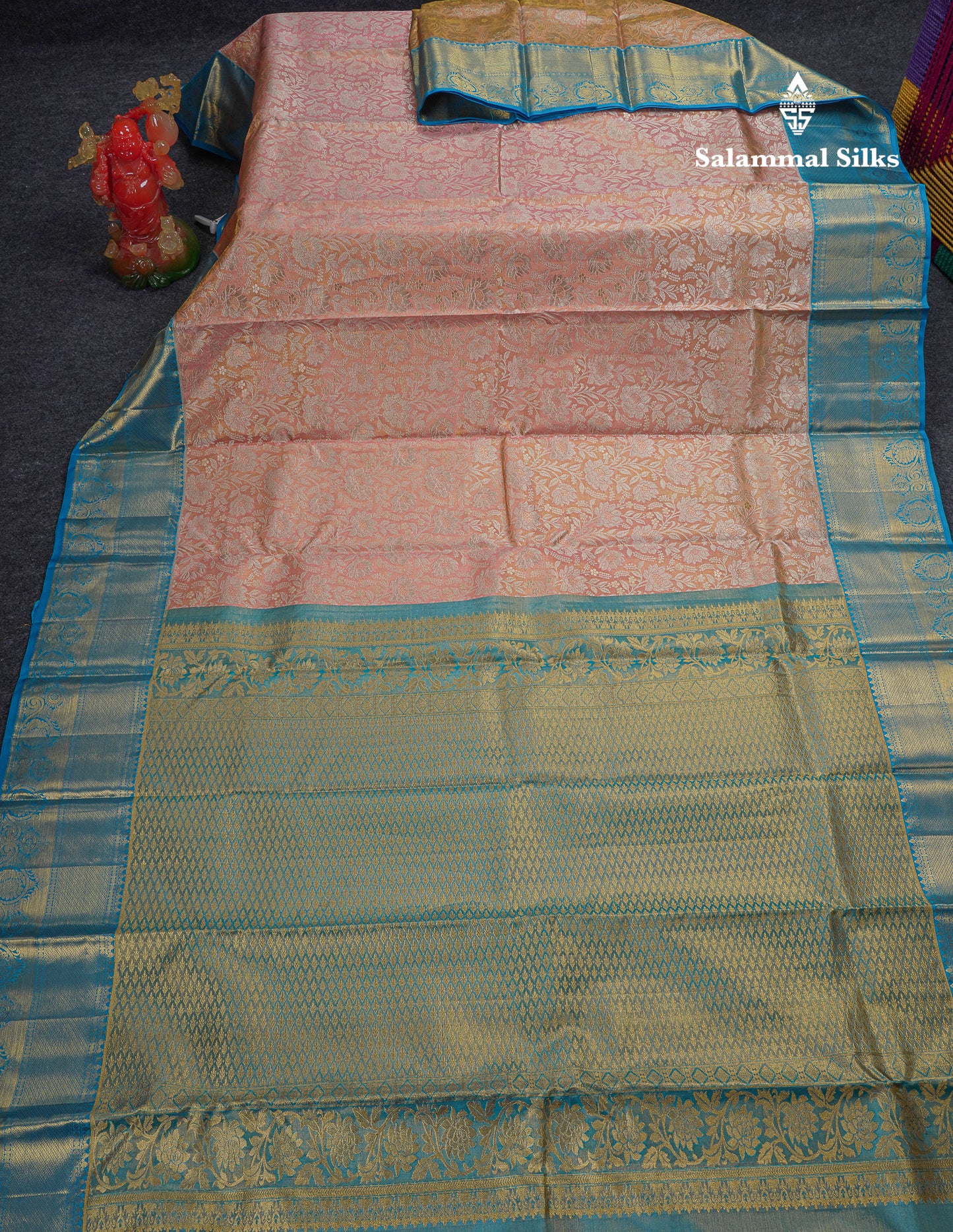 Beautiful Peach Tissue Bridal Pure Kanjivaram Silk Saree With Contrast Blue Traditional Border