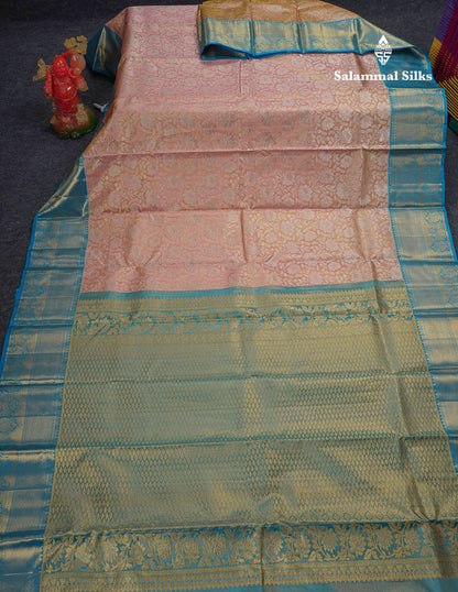 Beautiful Peach Tissue Bridal Pure Kanjivaram Silk Saree With Contrast Blue Traditional Border