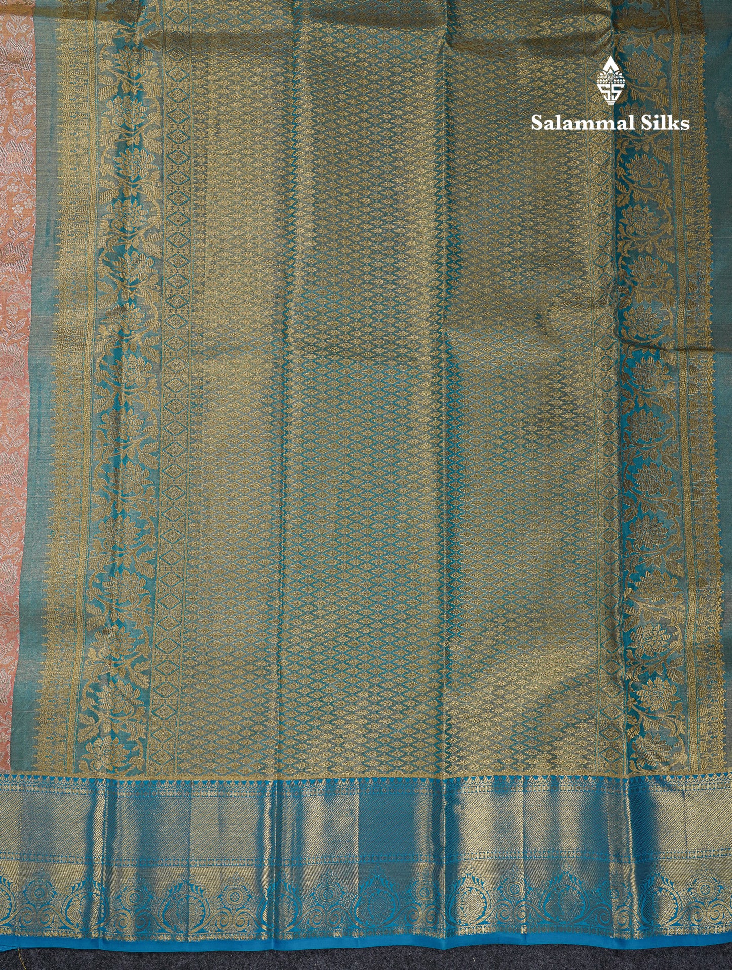 Beautiful Peach Tissue Bridal Pure Kanjivaram Silk Saree With Contrast Blue Traditional Border