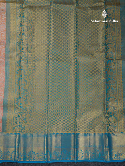 Beautiful Peach Tissue Bridal Pure Kanjivaram Silk Saree With Contrast Blue Traditional Border