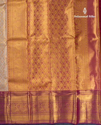 Dark Sandal Tissue Bridal Pure Kanjivaram Silk Saree With Contrast Dark Purple Evening Morning Traditional Border