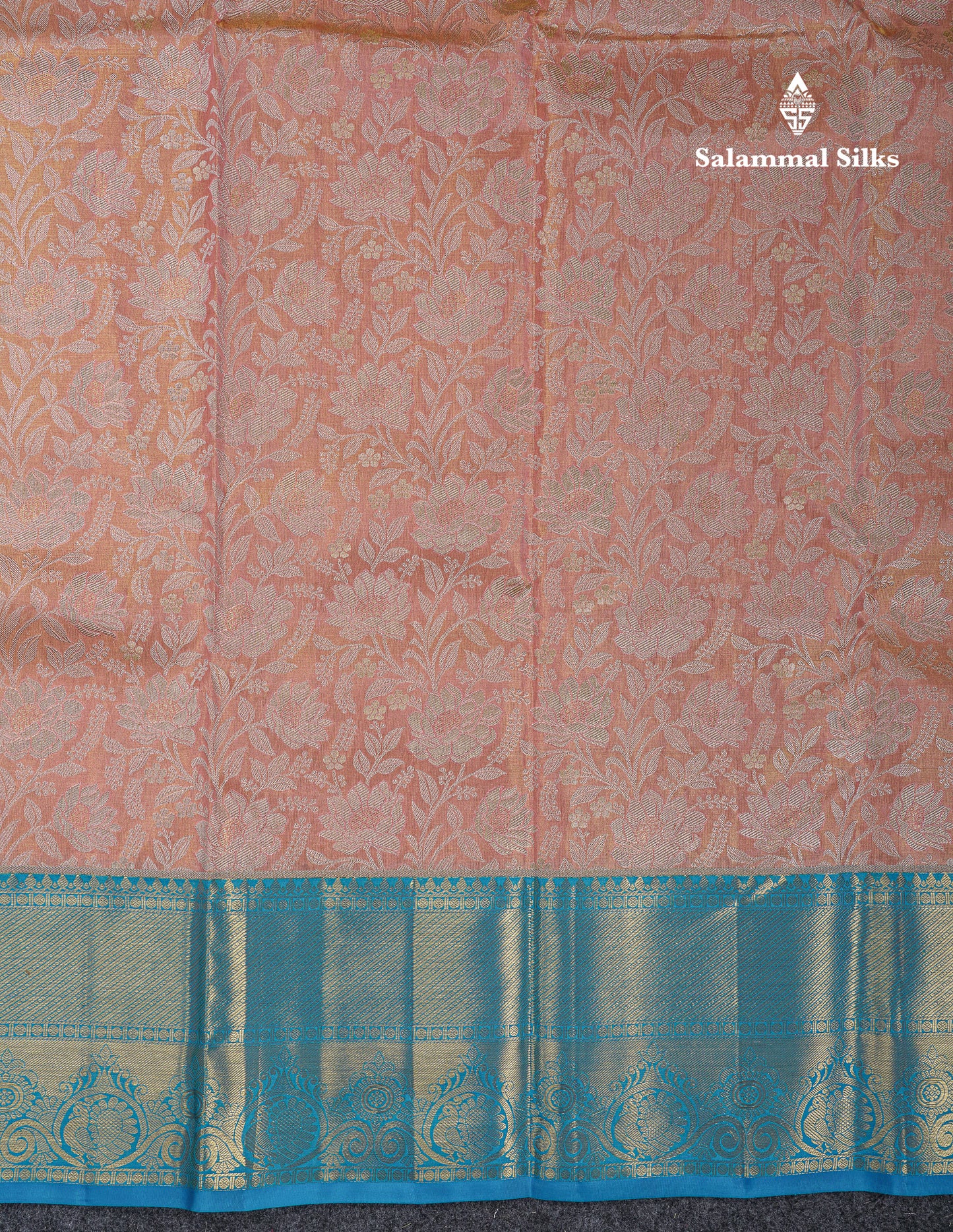 Beautiful Peach Tissue Bridal Pure Kanjivaram Silk Saree With Contrast Blue Traditional Border