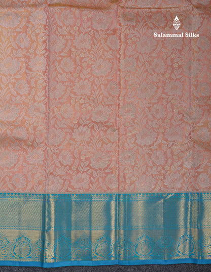 Beautiful Peach Tissue Bridal Pure Kanjivaram Silk Saree With Contrast Blue Traditional Border