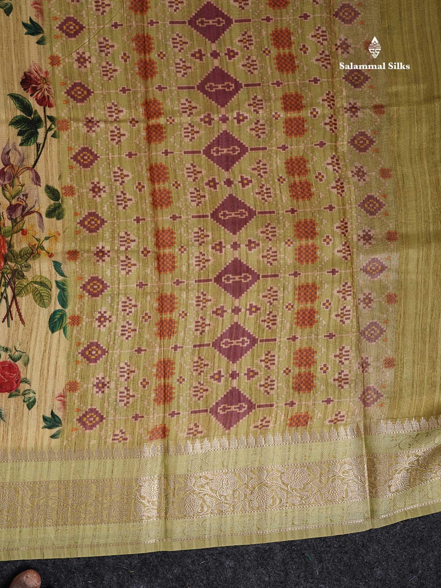 Semi Tussar Saree -  Mehandi Green Floral Design With Fancy Border