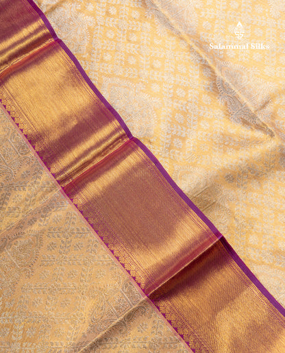 Dark Sandal Tissue Bridal Pure Kanjivaram Silk Saree With Contrast Dark Purple Evening Morning Traditional Border