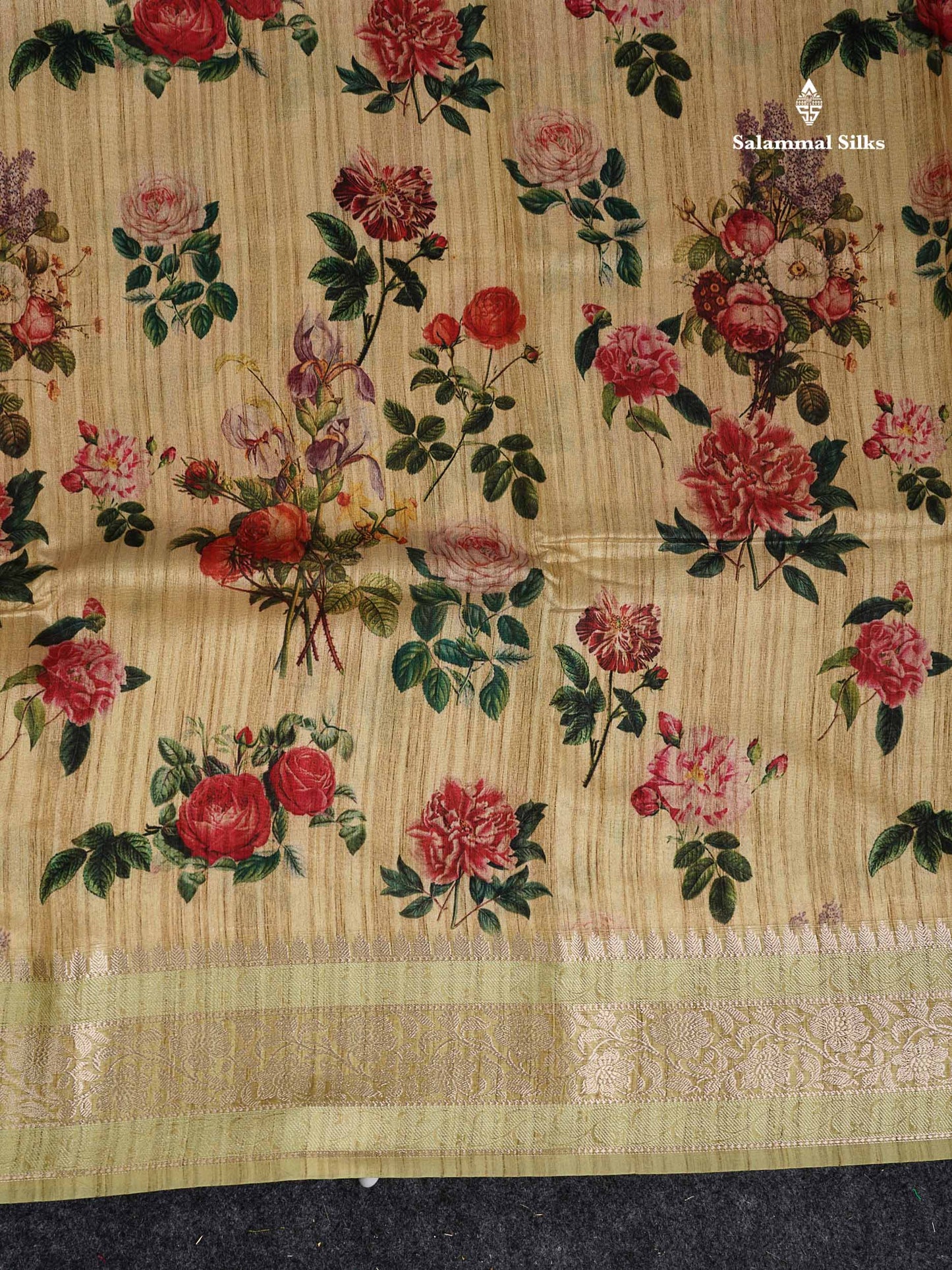 Semi Tussar Saree -  Mehandi Green Floral Design With Fancy Border